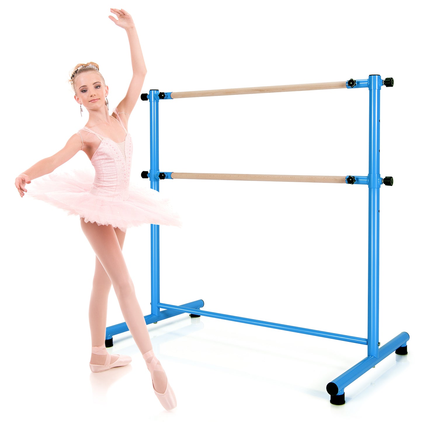 Patiojoy Double Ballet Barre Freestanding Adjustable Dancing Barre Beech Wood Ballet Bar with Anti-Slip Footpads 5 Adjustable Heights