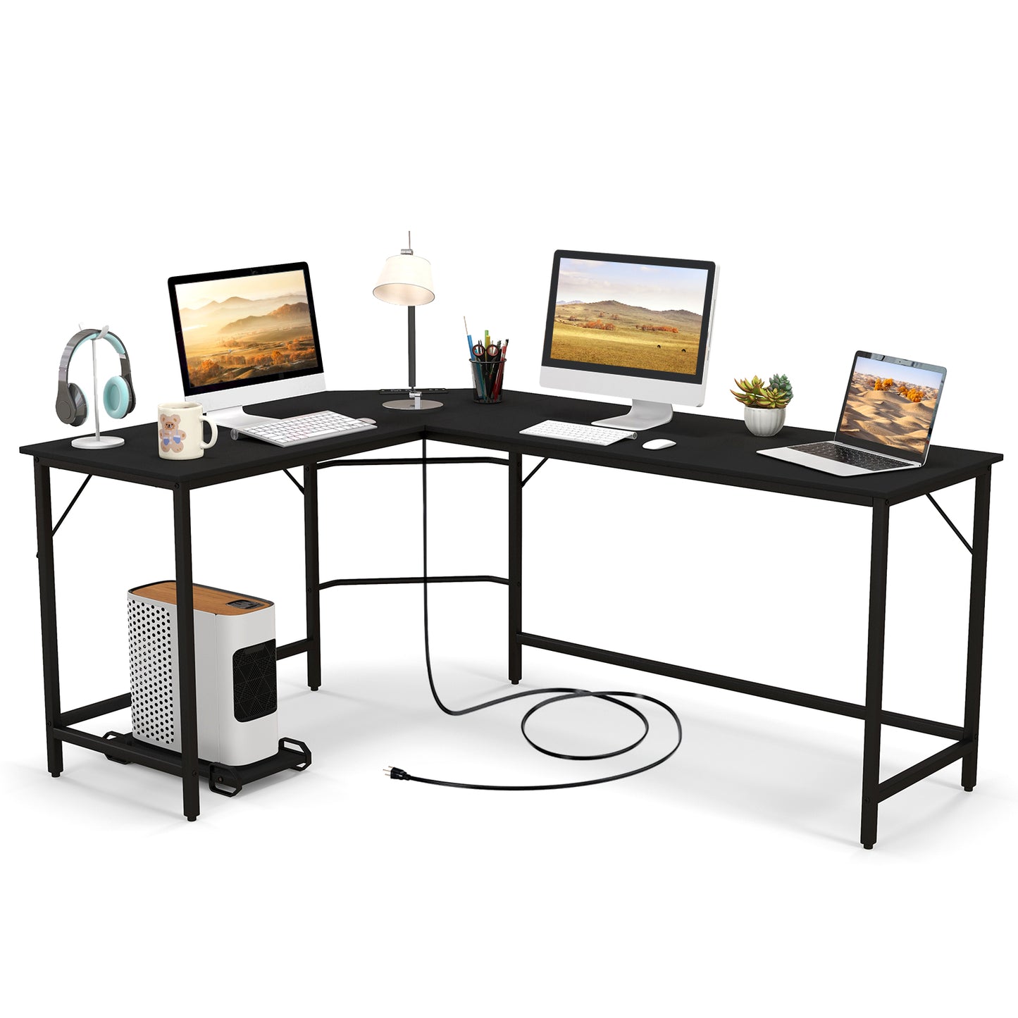 Patiojoy L-Shaped Desk with Power Outlet Computer Corner Desk with CPU Stand and Heavy-Duty Metal Frame