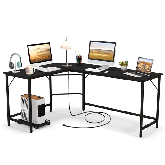 Patiojoy L-Shaped Desk with Power Outlet Computer Corner Desk with CPU Stand and Heavy-Duty Metal Frame