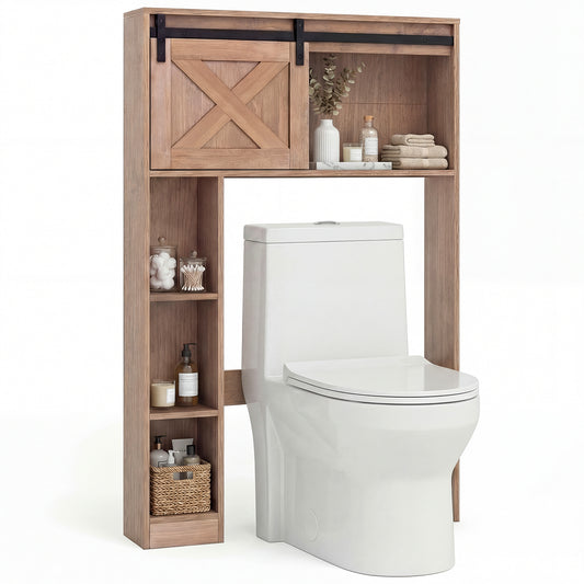 Patiojoy Over The Toilet Storage Cabinet Freestanding Bathroom Organizer with Sliding Barn Door and Storage Shelves