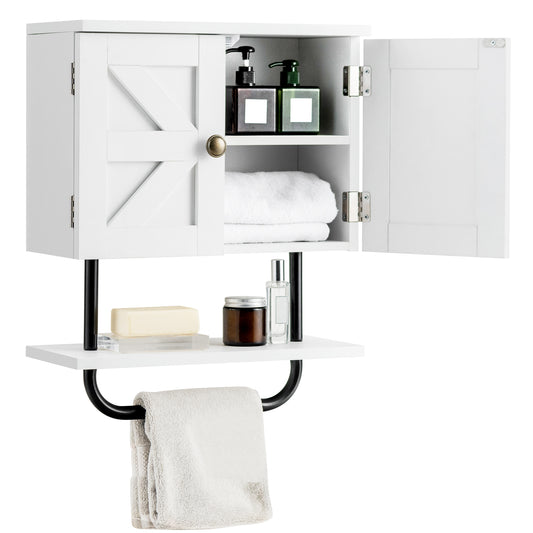 Patiojoy Bathroom Wall Cabinet Wall-Mounted Medicine Cabinet with Double Doors Open Shelf and Towel Rack