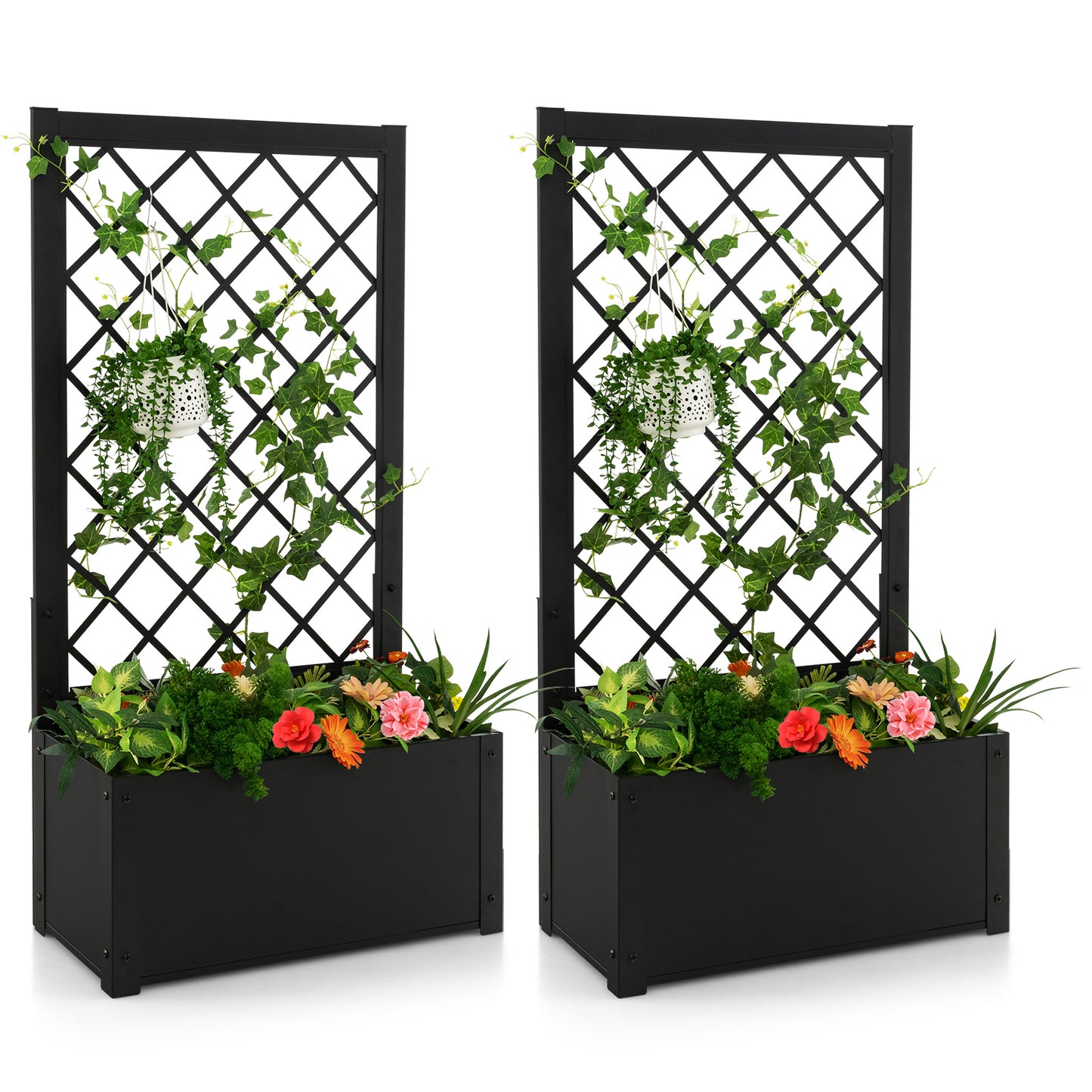 Patiojoy Metal Planter Box with Trellis Raised Garden Bed with Trellis Elevated Lattice Planter for Climbing Plants