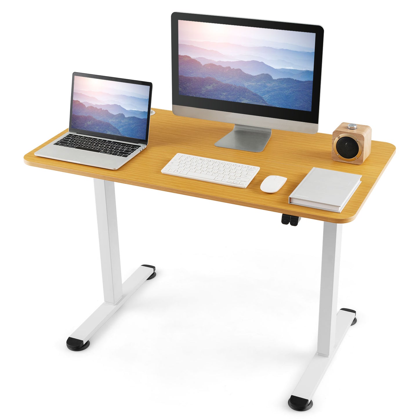 Patiojoy Height Adjustable Electric Desk Sit to Stand Desk with Splice Board Sturdy T-Shaped Metal Bracket Cable Management Hole