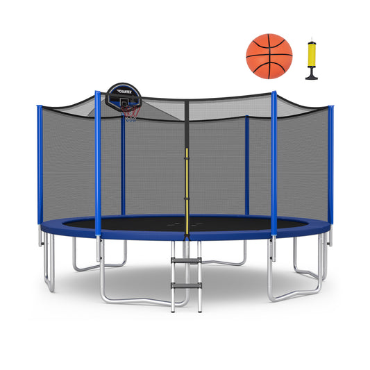 Patiojoy Trampoline with Basketball Hoop Outdoor Recreational Trampoline with Enclosure Net and Ladder
