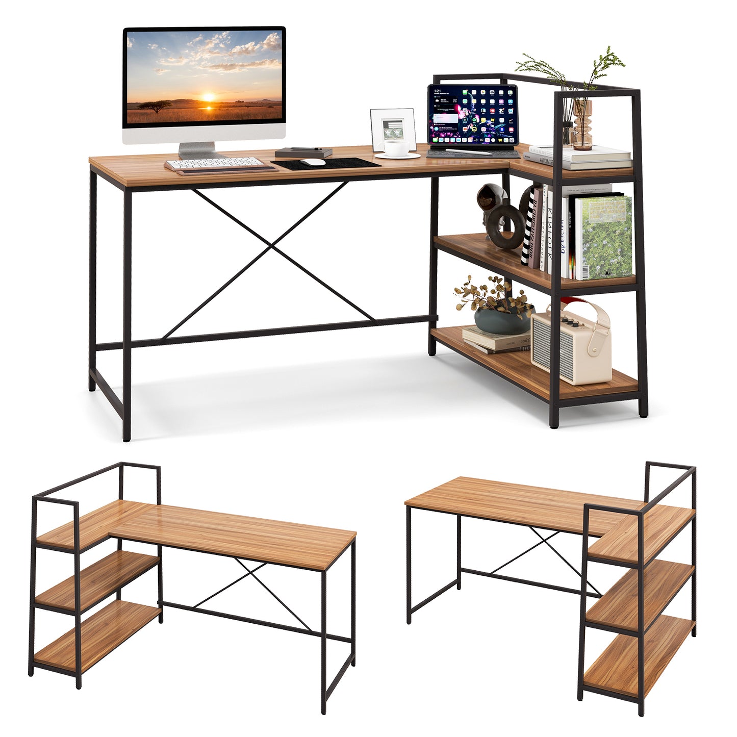 Patiojoy L-Shaped Computer Desk Large Reversible Corner Desk with Open Storage Shelves PC Laptop Gaming Desk