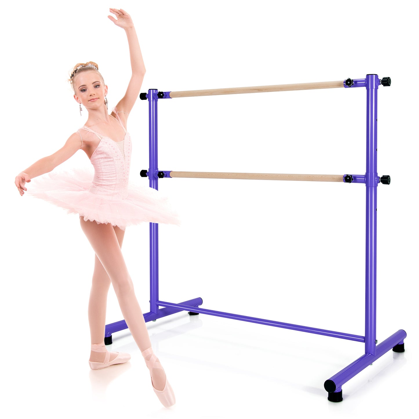 Patiojoy Double Ballet Barre Freestanding Adjustable Dancing Barre Beech Wood Ballet Bar with Anti-Slip Footpads 5 Adjustable Heights