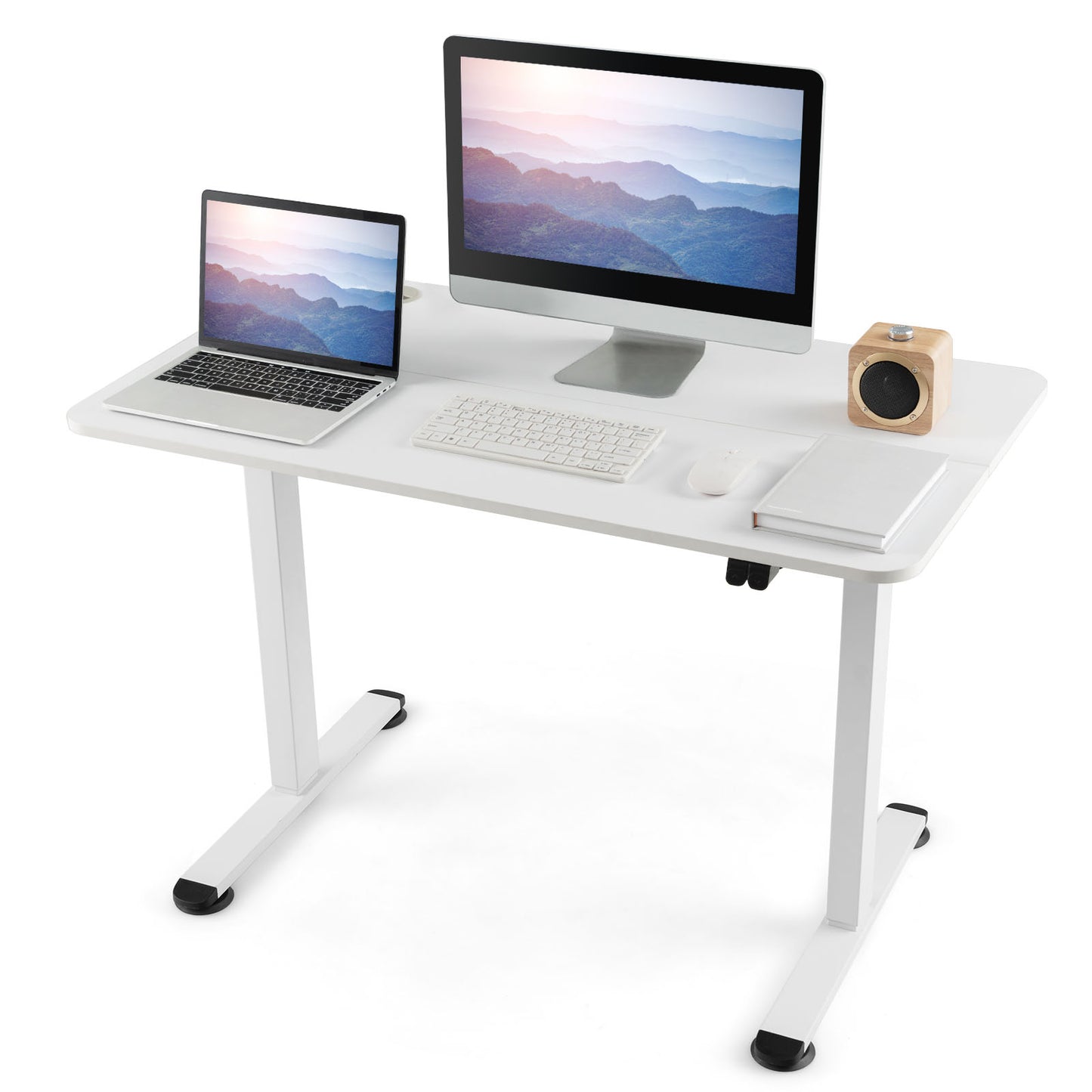 Patiojoy Height Adjustable Electric Desk Sit to Stand Desk with Splice Board Sturdy T-Shaped Metal Bracket Cable Management Hole