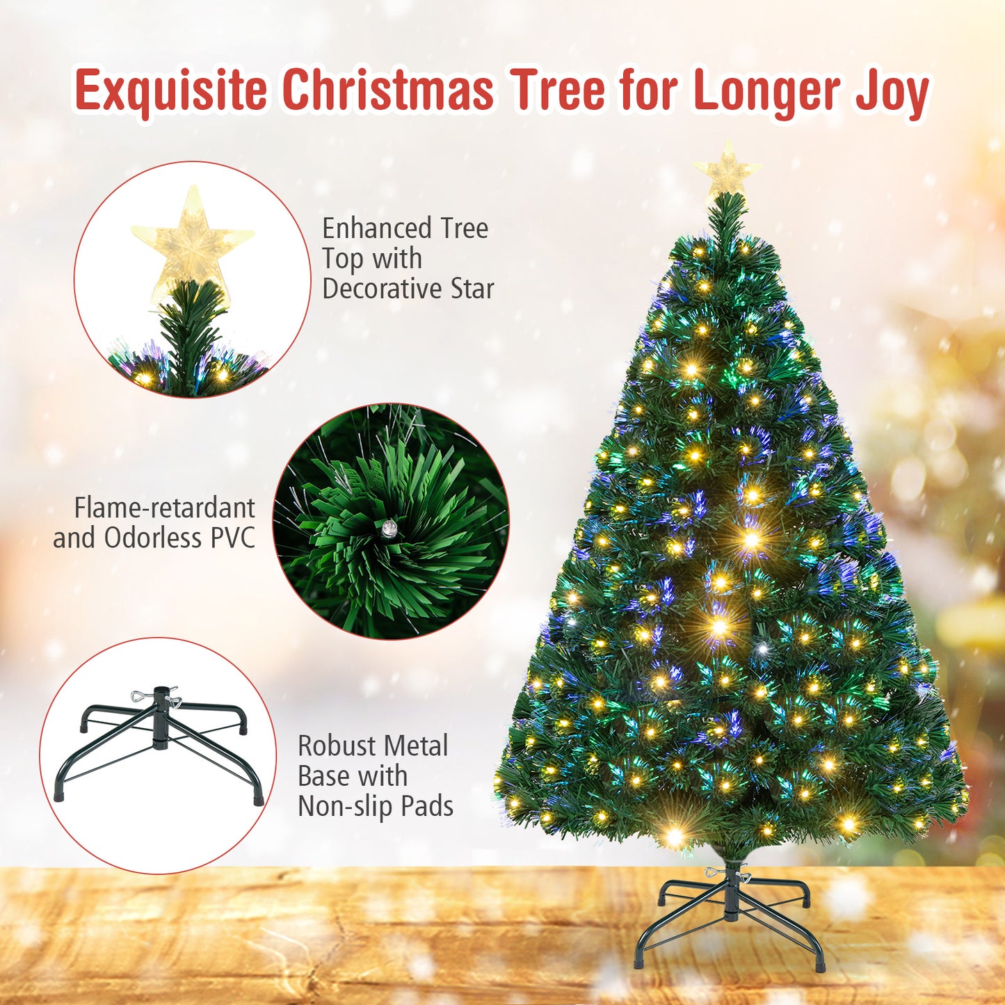 Patiojoy 5ft Pre-Lit Optical Fiber Christmas Tree Artificial PVC Branches with LED Lights and Top Star