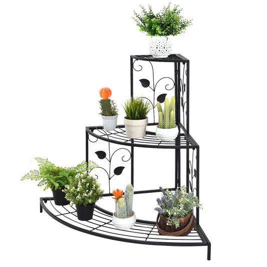 3-Tier Metal Plant Pot Shelf Corner Stand Display Rack Black