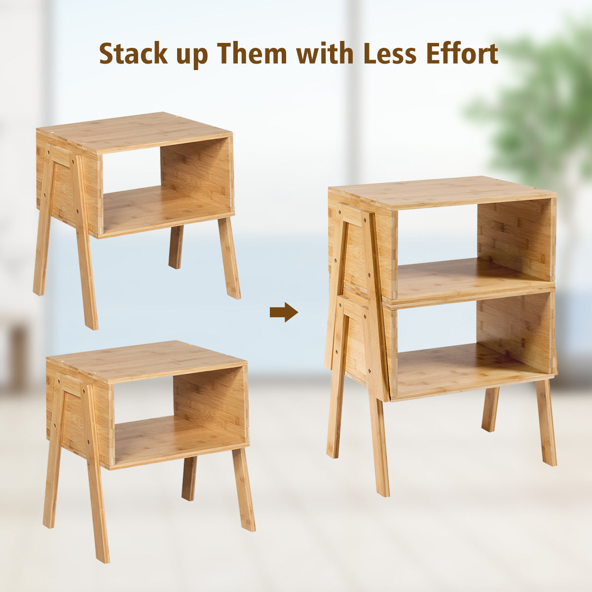 Topbuy Set of 2 Nightstand Stackable Bamboo End Table w/Storage Shelf