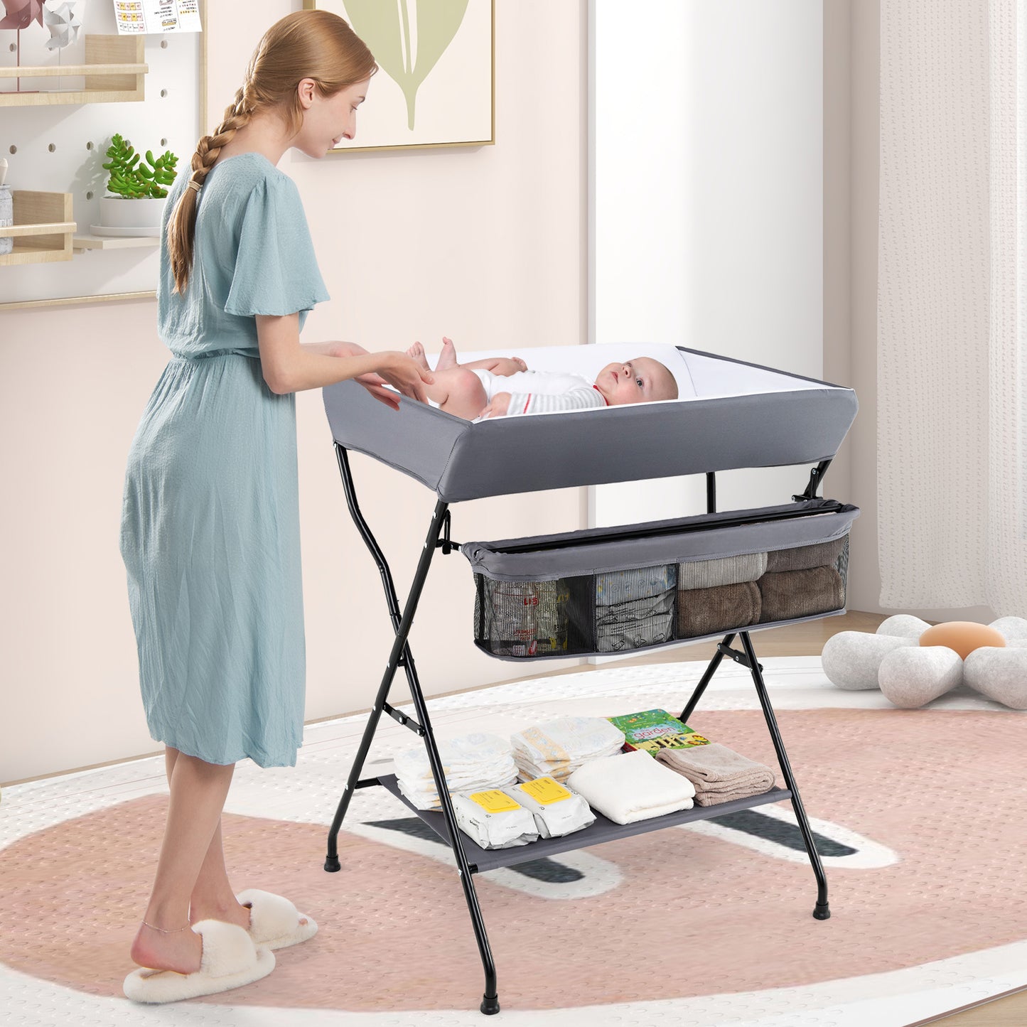 Topbuy Infant Folding Changing Table Portable Baby Diaper Station Gray