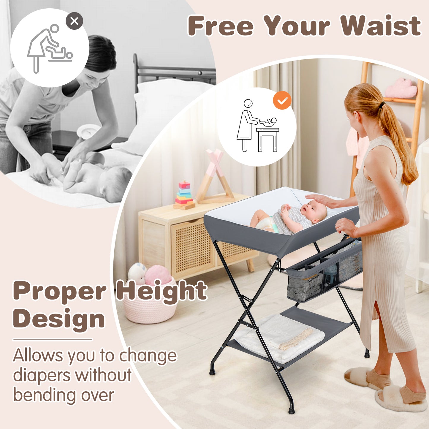 Topbuy Infant Folding Changing Table Portable Baby Diaper Station Gray