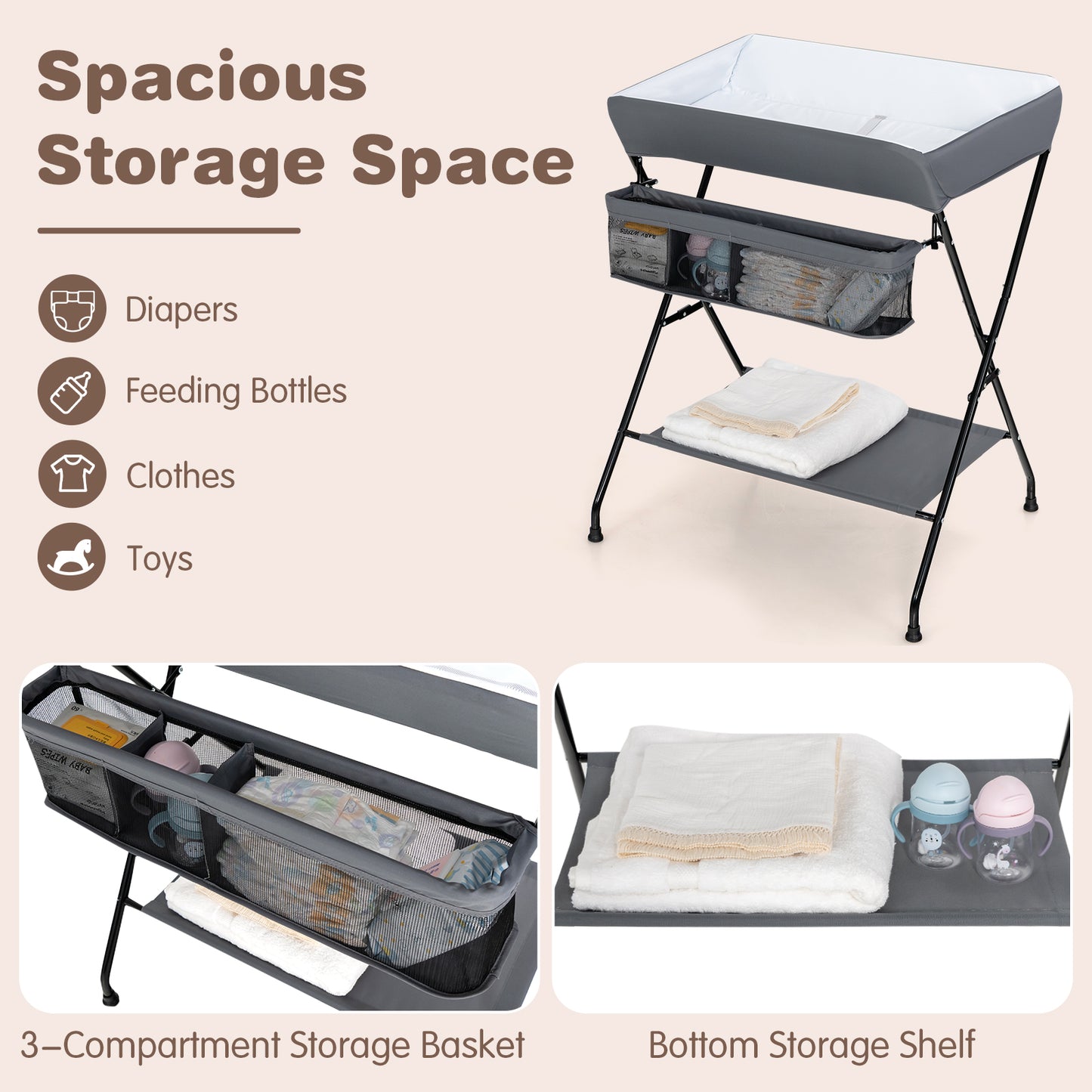 Topbuy Infant Folding Changing Table Portable Baby Diaper Station Gray