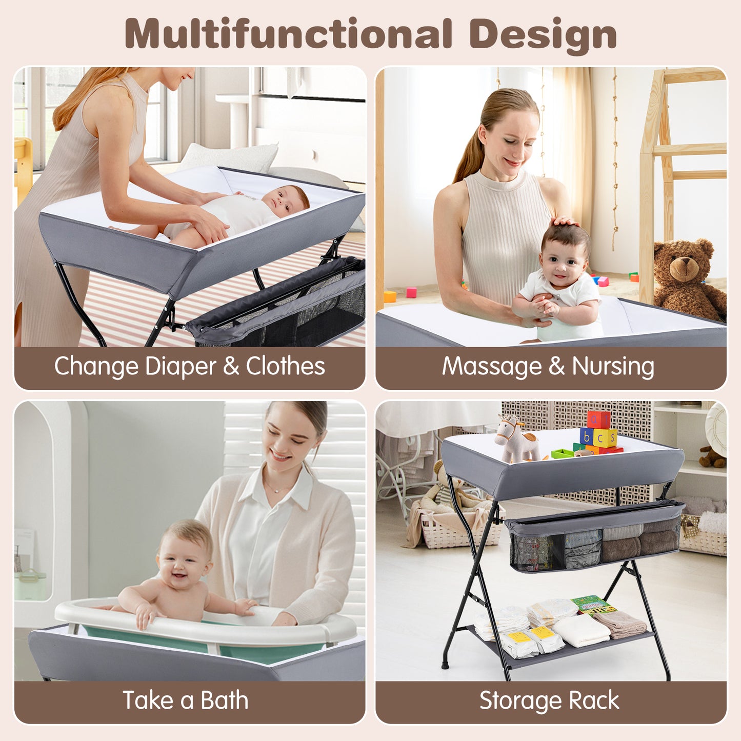 Topbuy Infant Folding Changing Table Portable Baby Diaper Station Gray