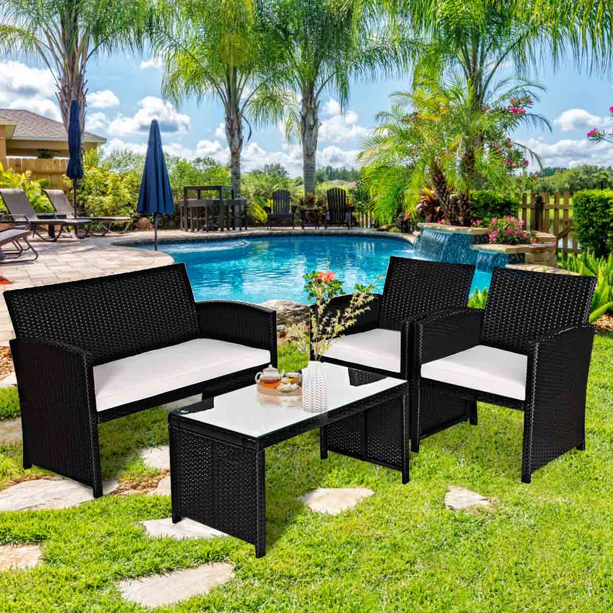 Patiojoy 4 Pieces Patio Rattan Conversation Set Wicker Cushioned Sofa Table
