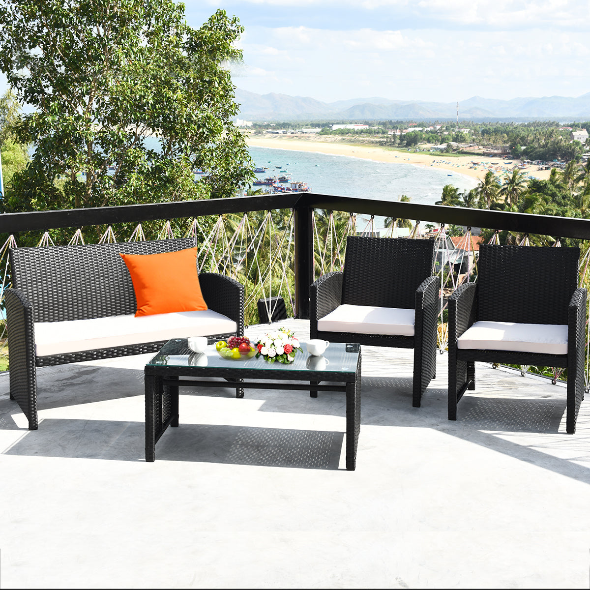 Patiojoy 4 Pieces Patio Rattan Conversation Set Wicker Cushioned Sofa Table