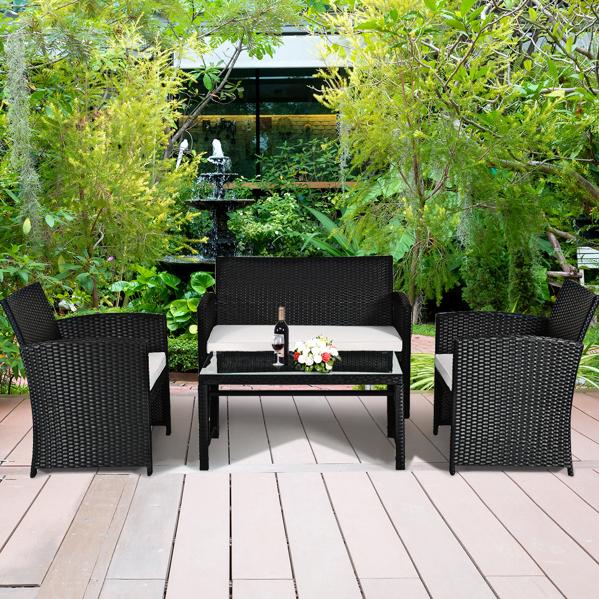Patiojoy 4 Pieces Patio Rattan Conversation Set Wicker Cushioned Sofa Table