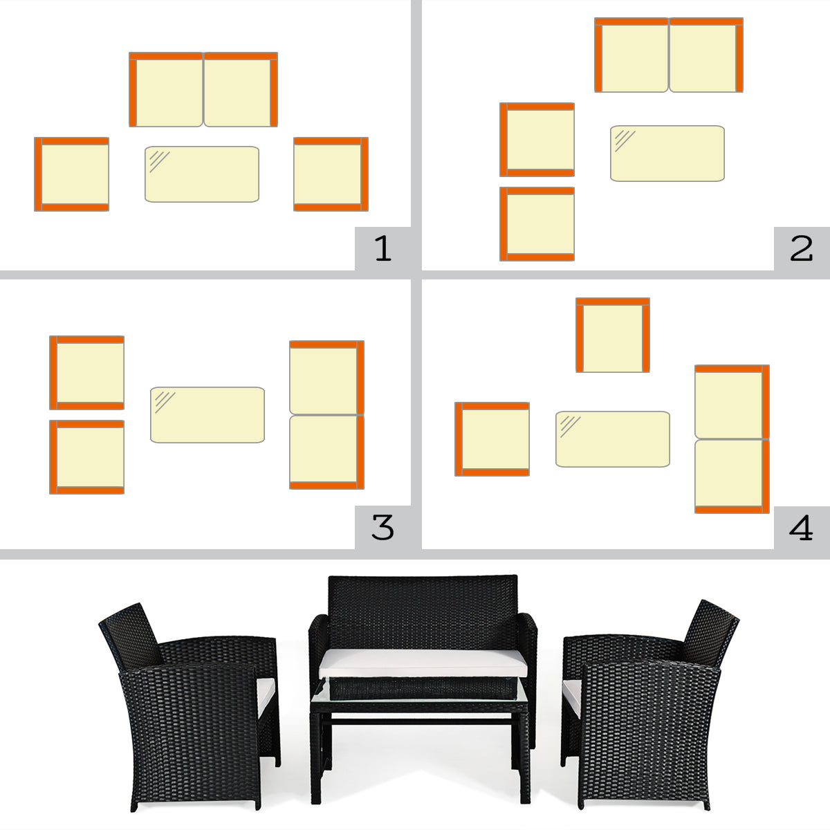 Patiojoy 4 Pieces Patio Rattan Conversation Set Wicker Cushioned Sofa Table