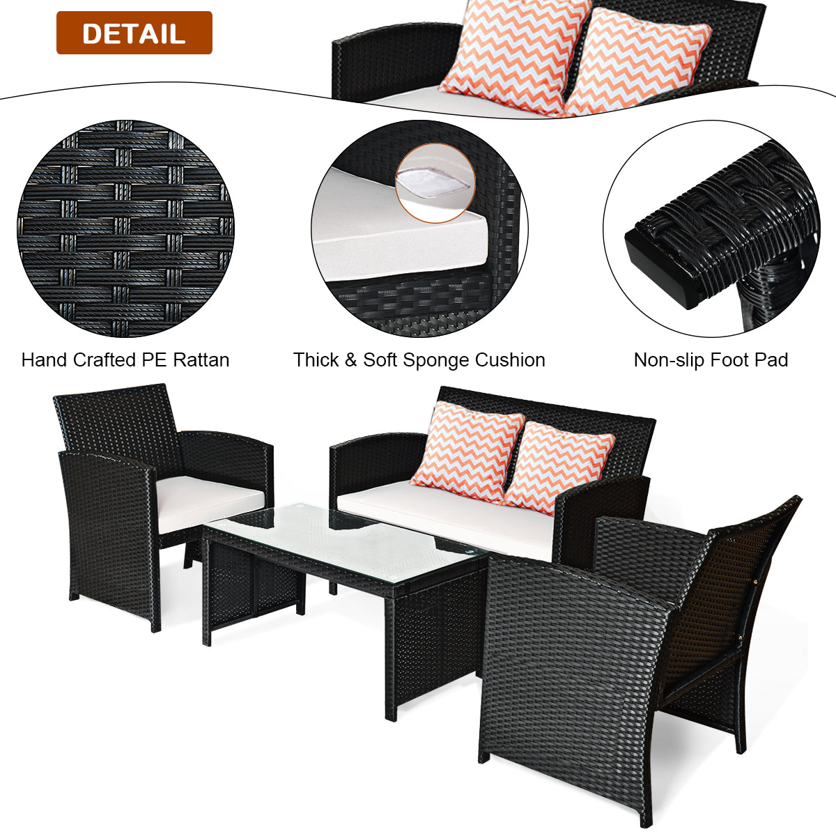 Patiojoy 4 Pieces Patio Rattan Conversation Set Wicker Cushioned Sofa Table