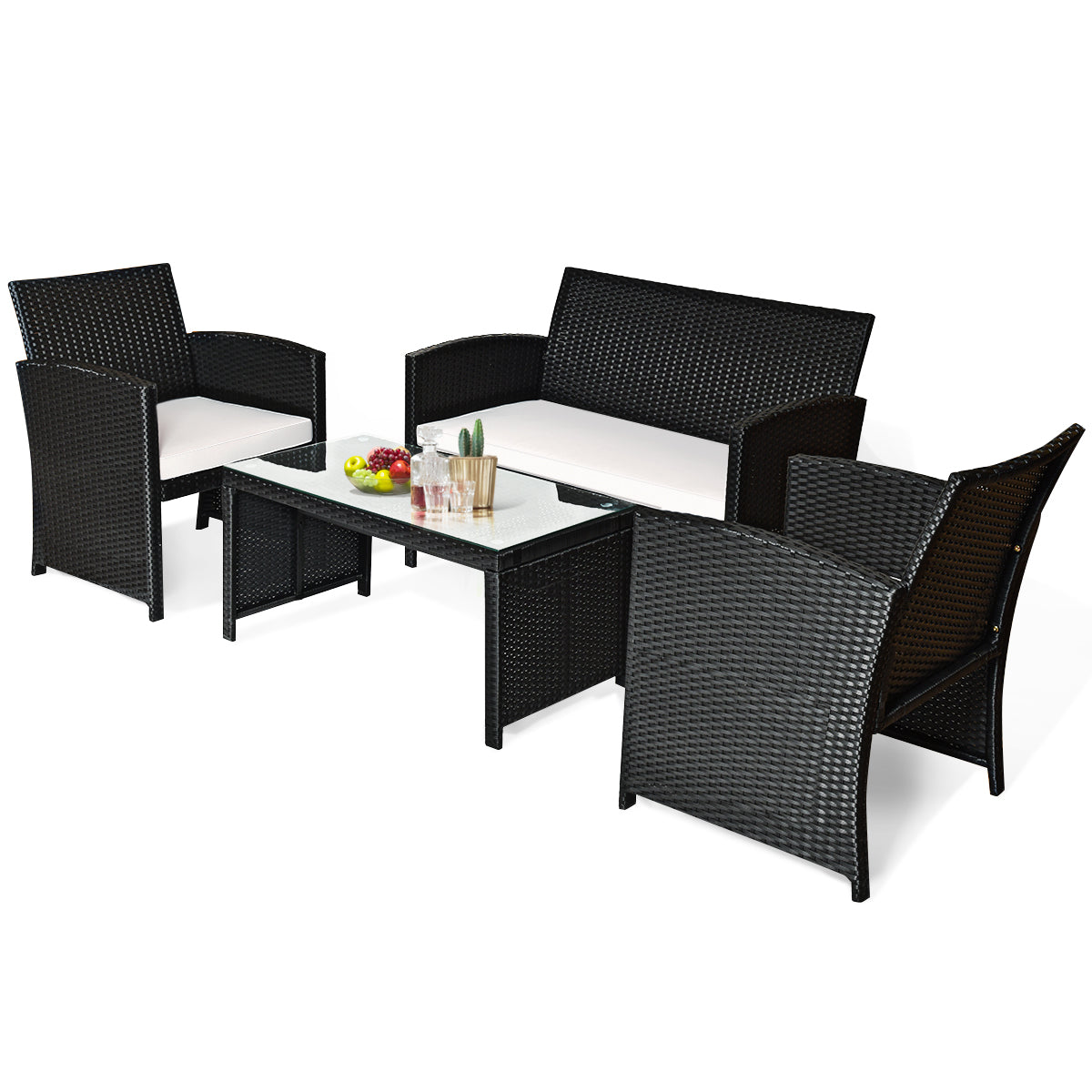 Patiojoy 4 Pieces Patio Rattan Conversation Set Wicker Cushioned Sofa Table