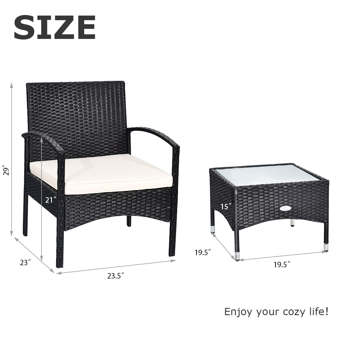 Patiojoy Rattan Table And Chairs Set Wicker Furniture Set of 3 Black
