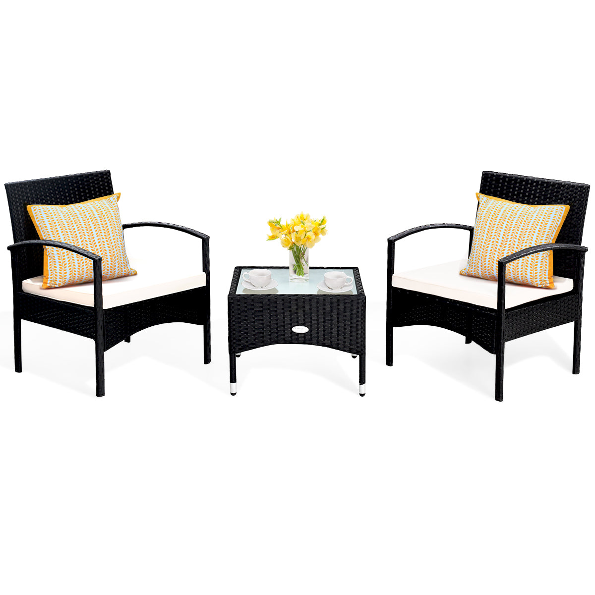 Patiojoy Rattan Table And Chairs Set Wicker Furniture Set of 3 Black