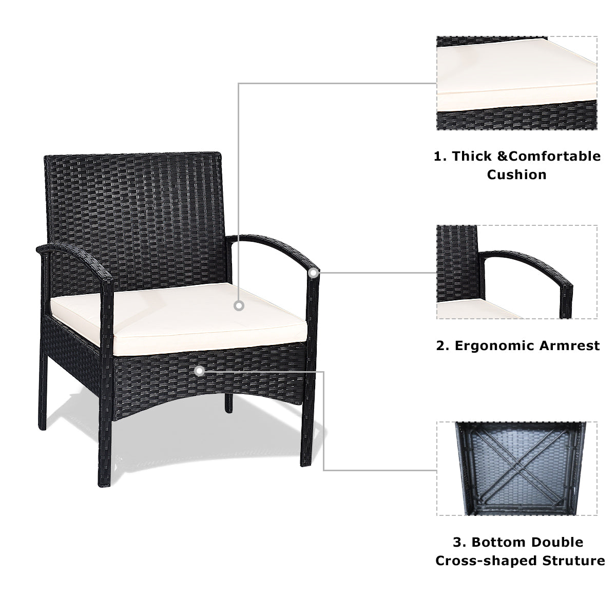 Patiojoy Rattan Table And Chairs Set Wicker Furniture Set of 3 Black