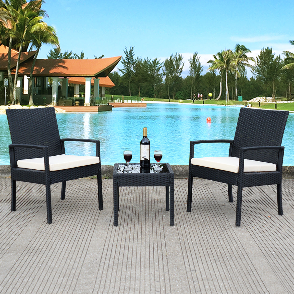 Topbuy 3PCS Rattan Table & Chairs Set Wicker Cushioned Furniture Black
