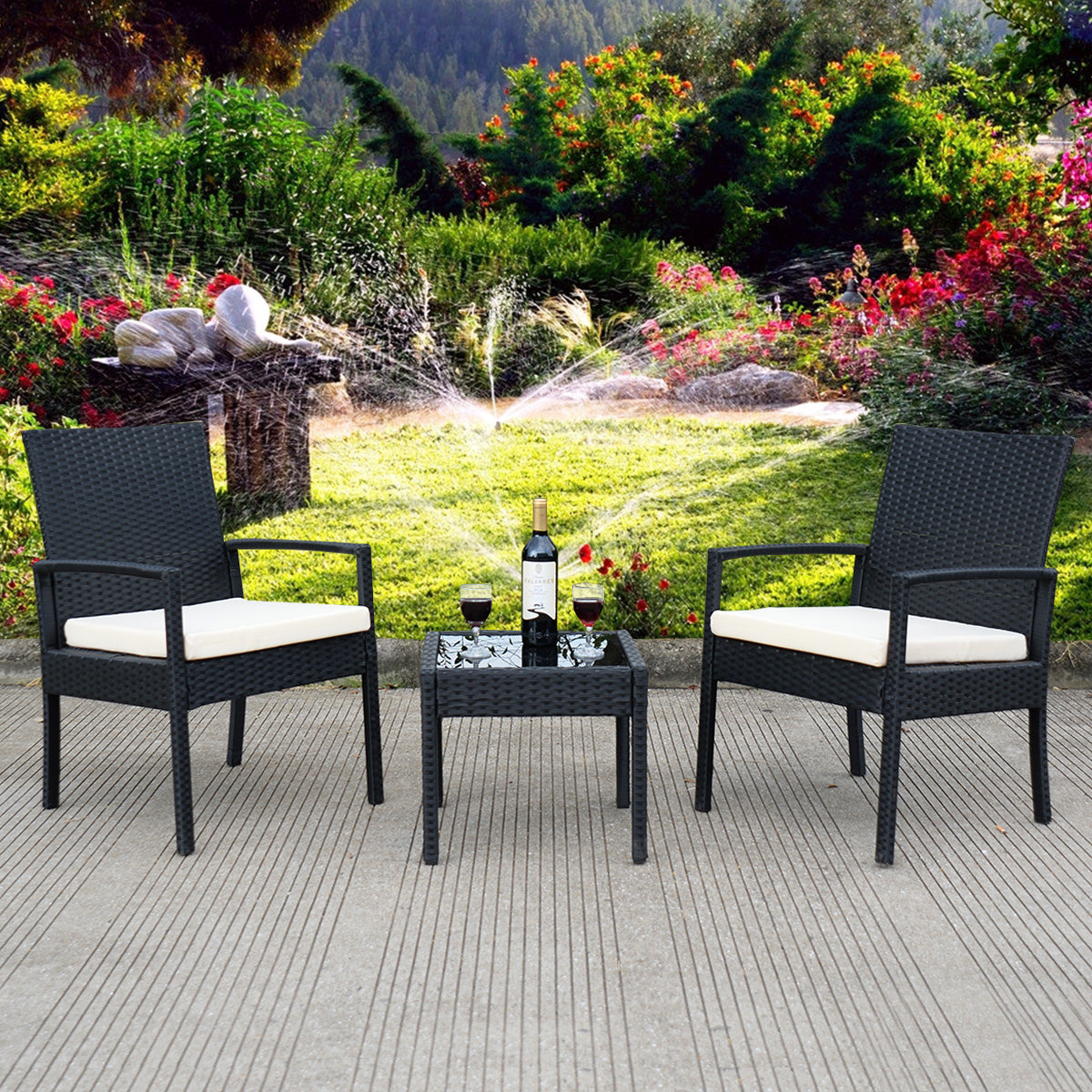 Topbuy 3PCS Rattan Table & Chairs Set Wicker Cushioned Furniture Black