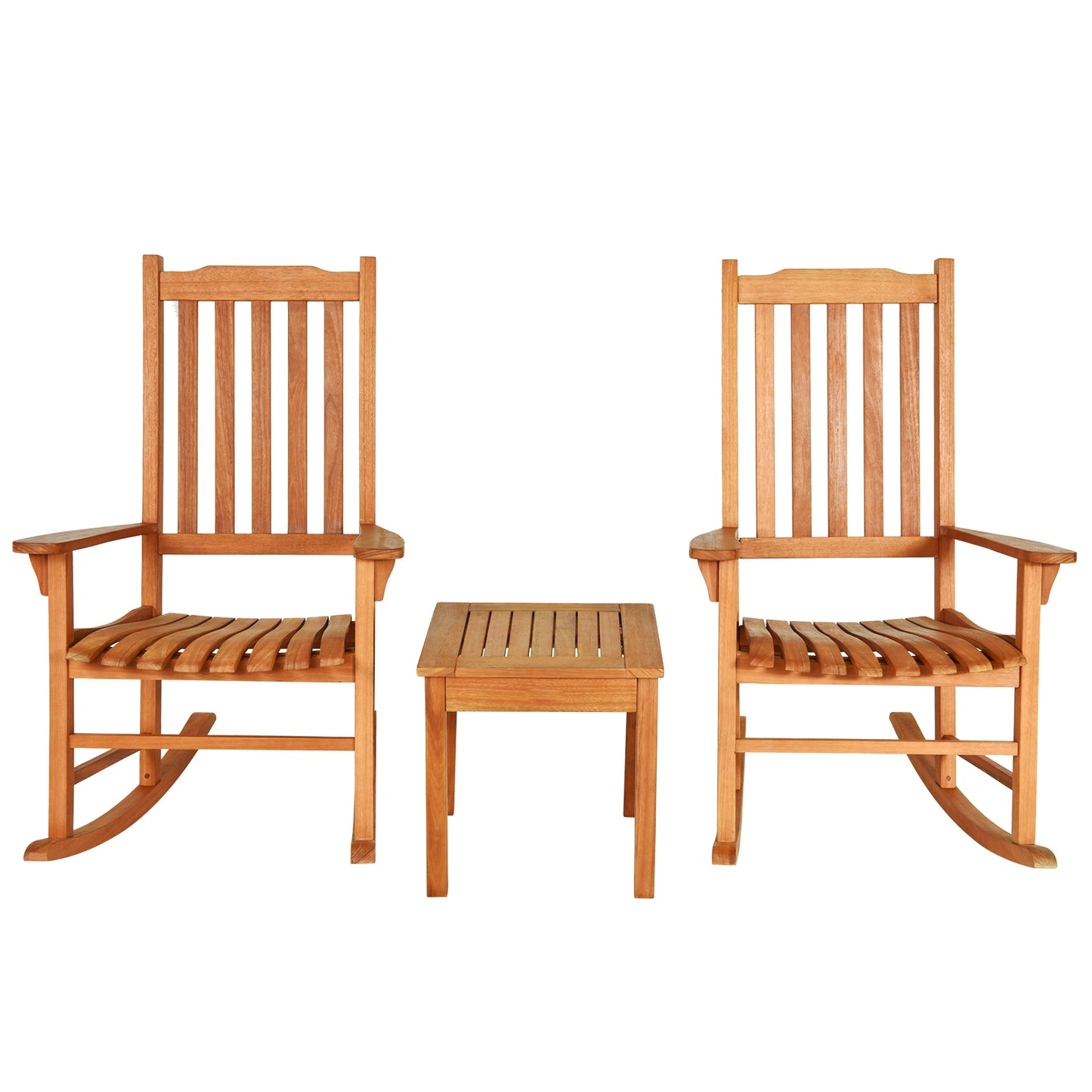 Patiojoy Outdoor 3 Pieces Wooden Rocking Chair Set Patio Rocker Chair and Table