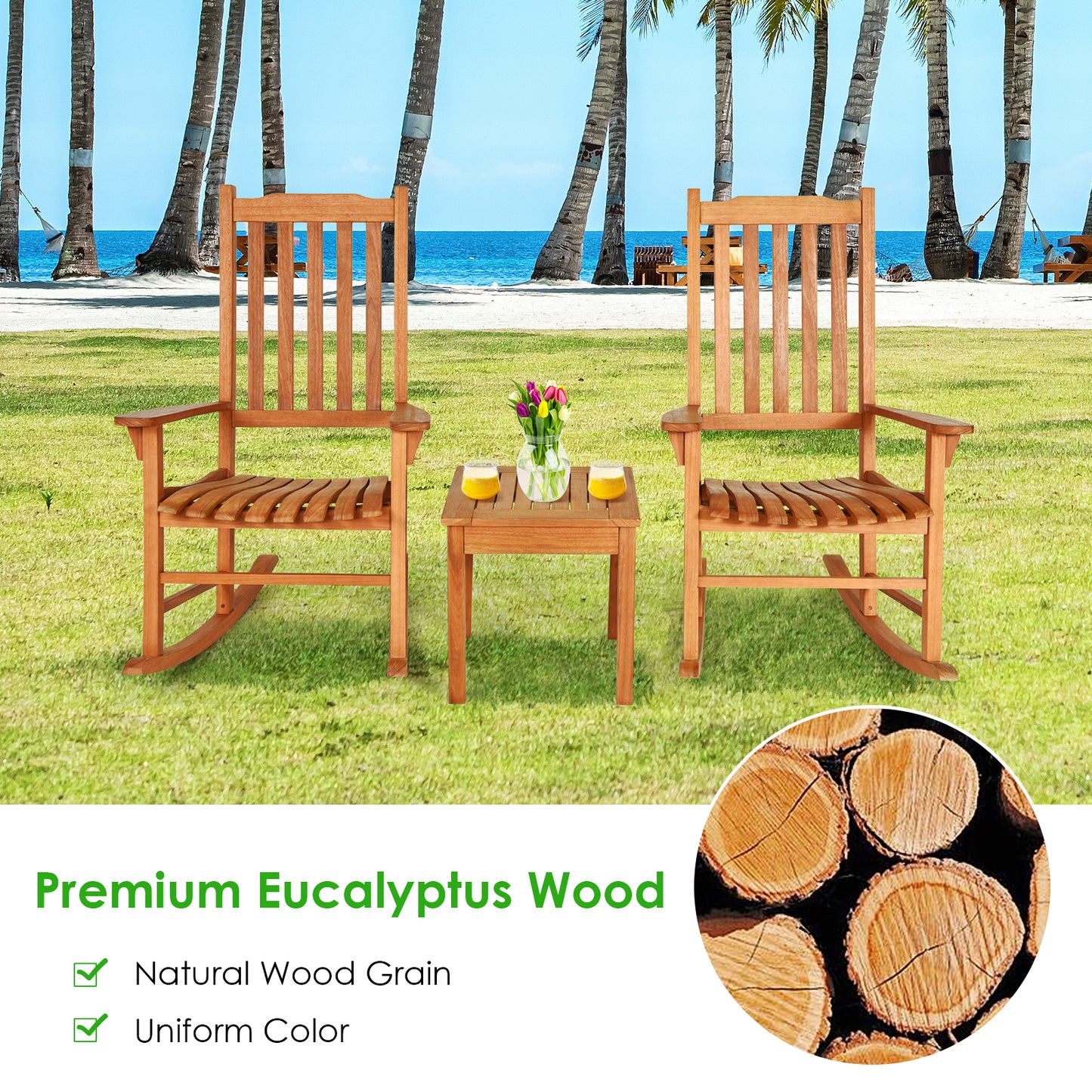 Patiojoy Outdoor 3 Pieces Wooden Rocking Chair Set Patio Rocker Chair and Table