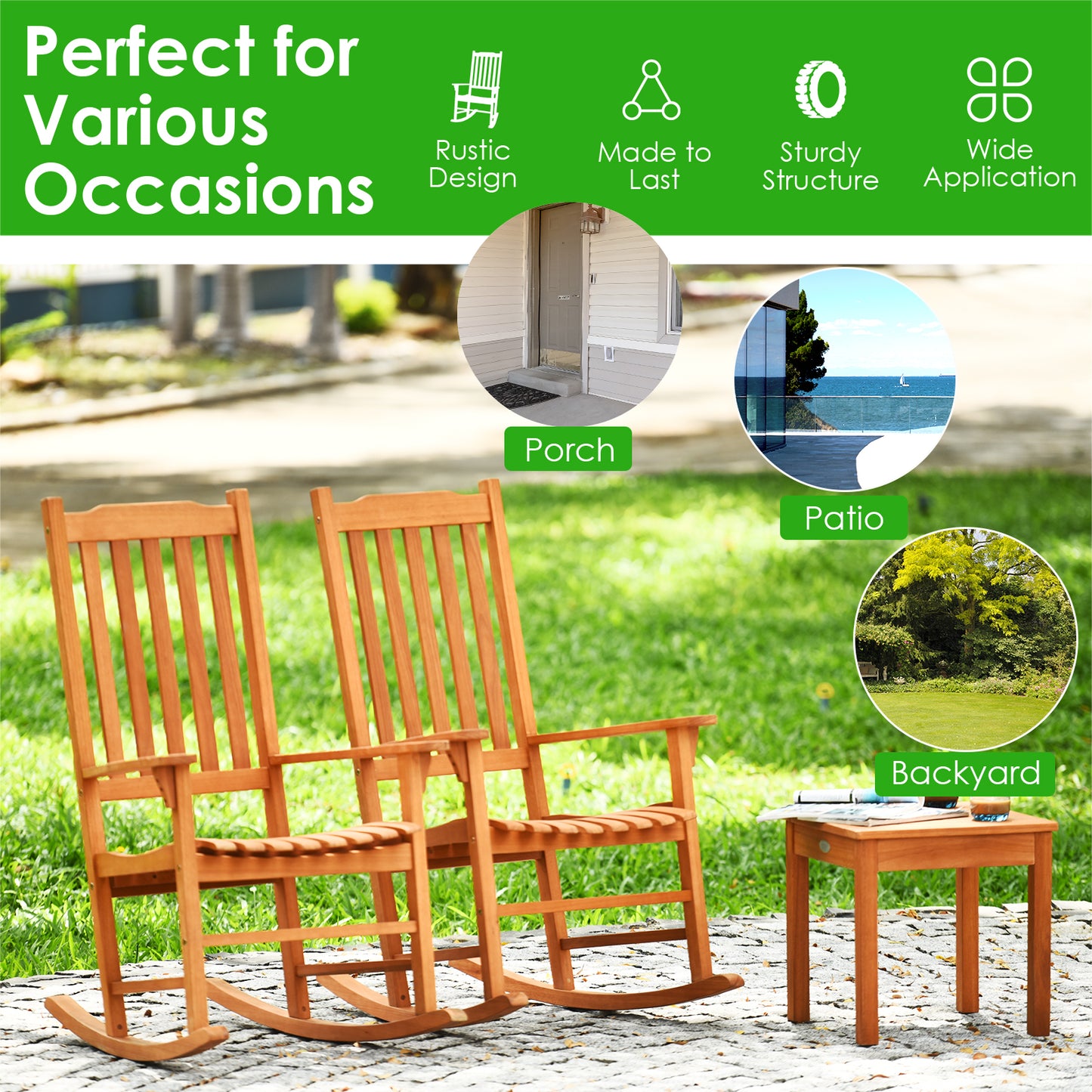 Patiojoy Outdoor 3 Pieces Wooden Rocking Chair Set Patio Rocker Chair and Table