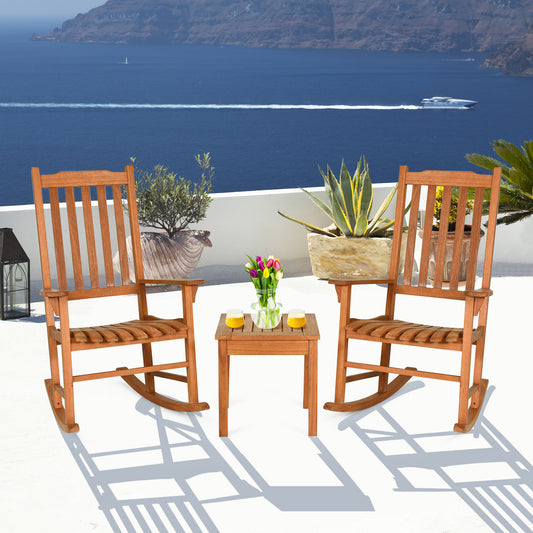 Patiojoy Outdoor 3 Pieces Wooden Rocking Chair Set Patio Rocker Chair and Table