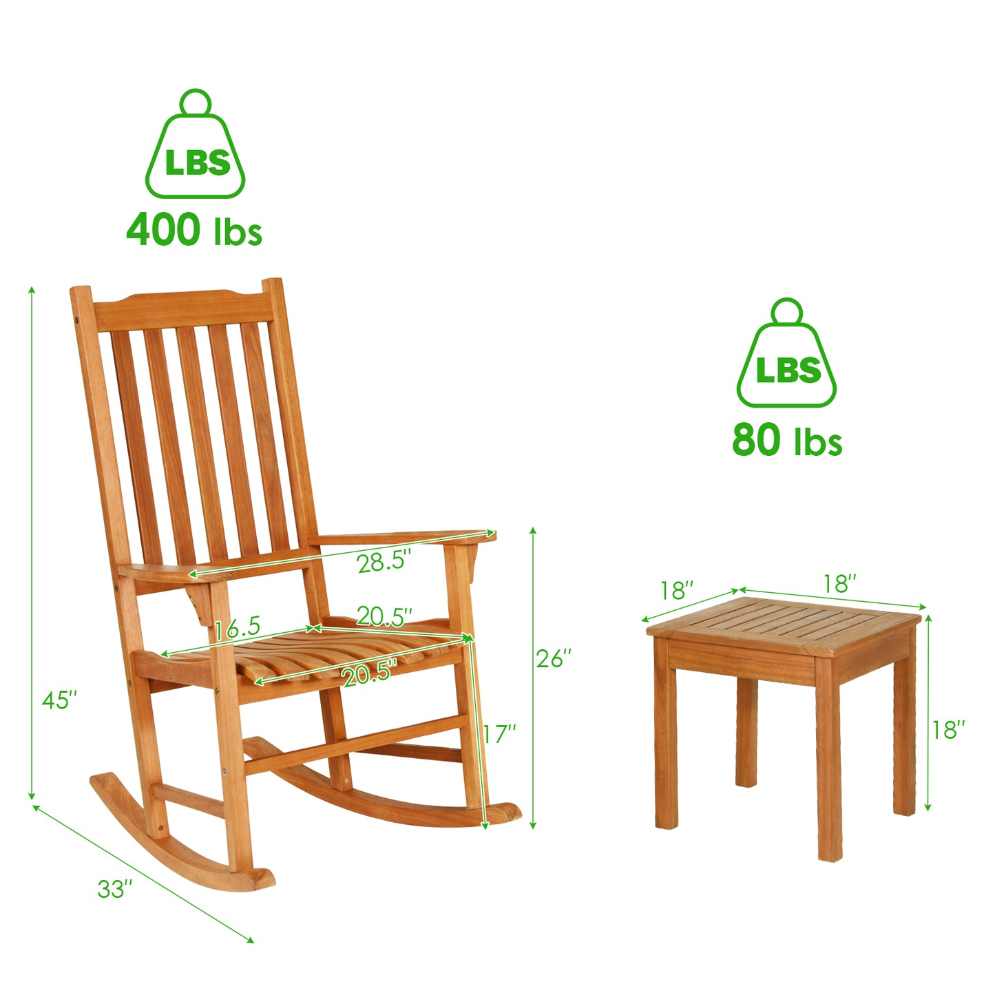 Patiojoy Outdoor 3 Pieces Wooden Rocking Chair Set Patio Rocker Chair and Table