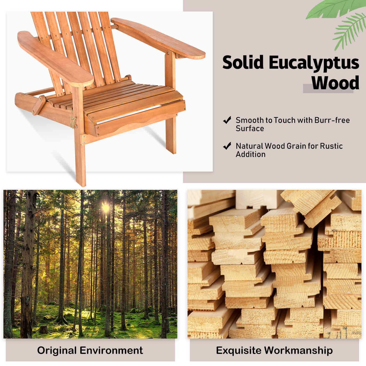 Patiojoy Outdoor Foldable Adirondack Chair Patio Recliner Eucalyptu