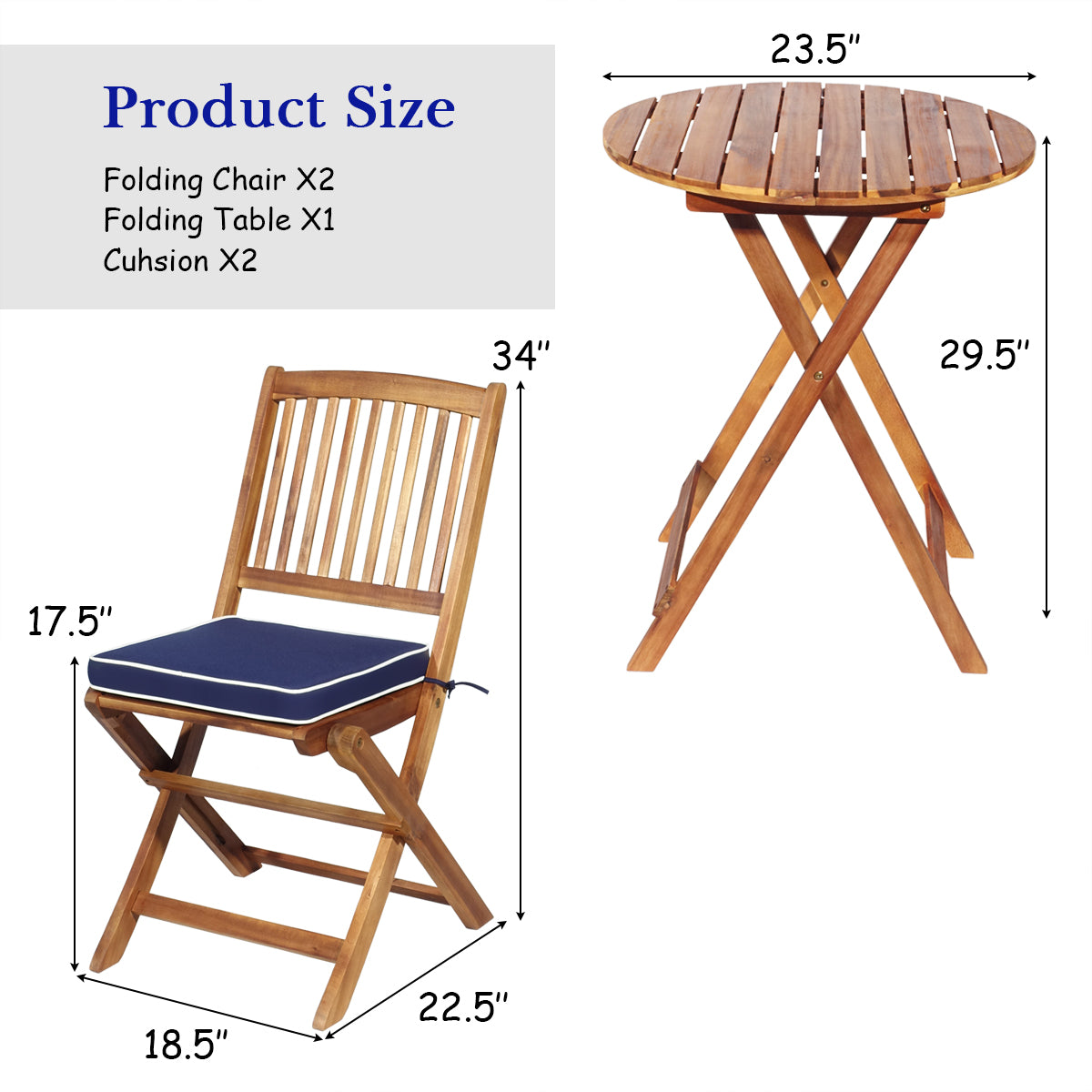 Patiojoy 3PCS Patio Folding Wooden Furniture Conversation Set Indoor & Outdoor