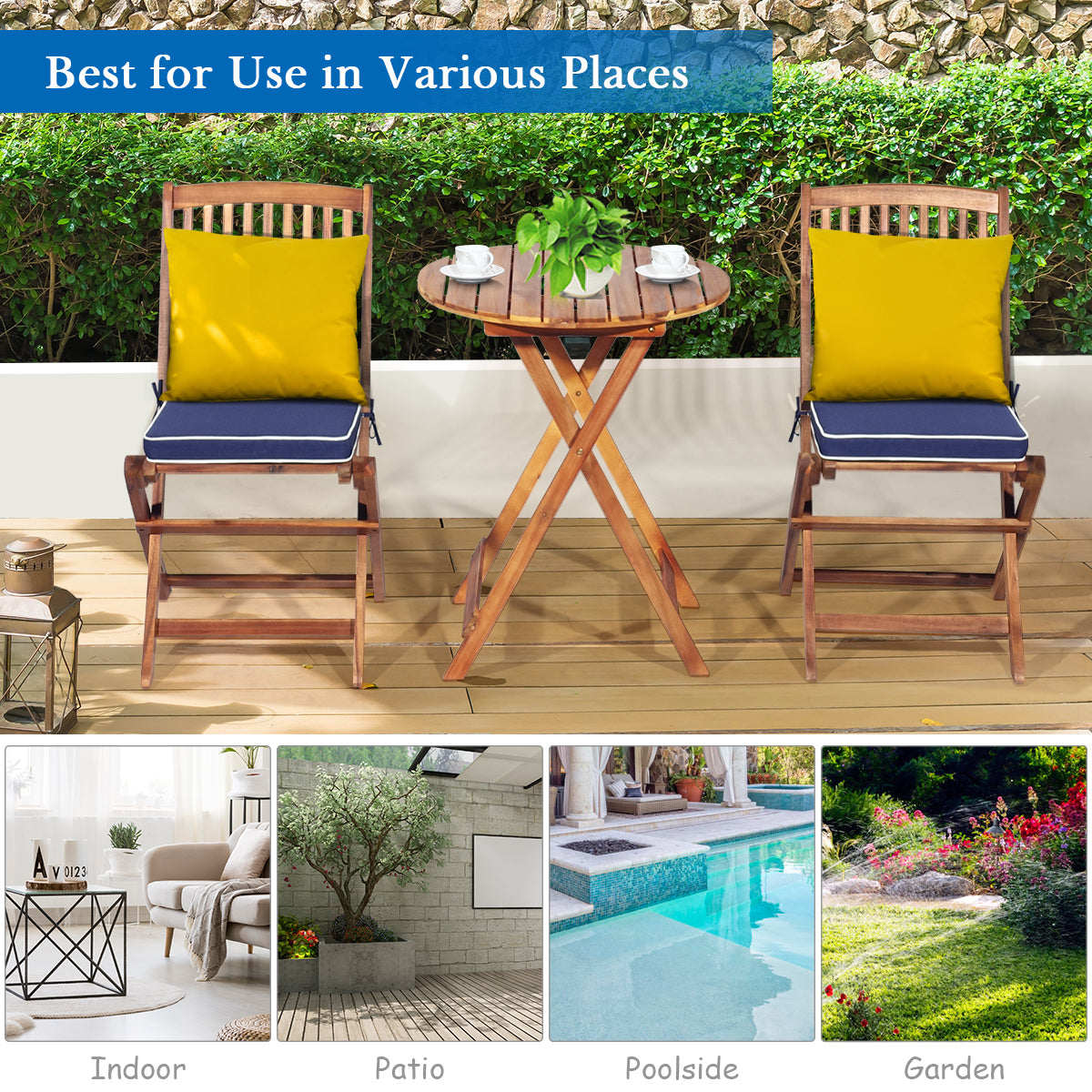 Patiojoy 3PCS Patio Folding Wooden Furniture Conversation Set Indoor & Outdoor