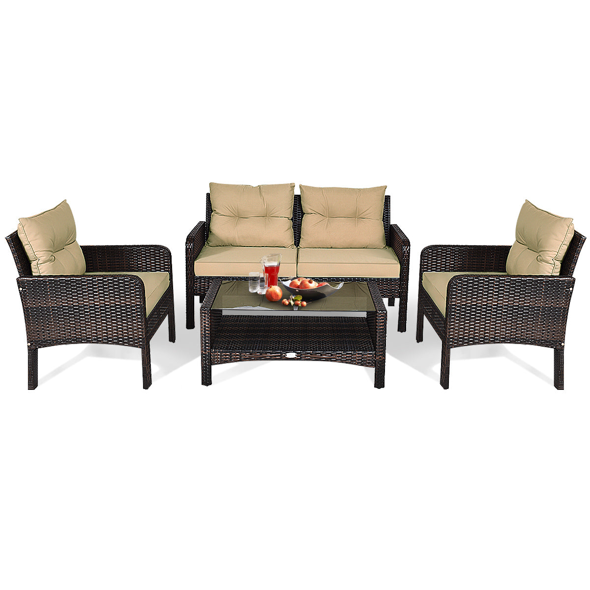 Patiojoy 4 PCS Outdoor Patio Rattan Furniture Garden Lawn Cushioned Sofa Set