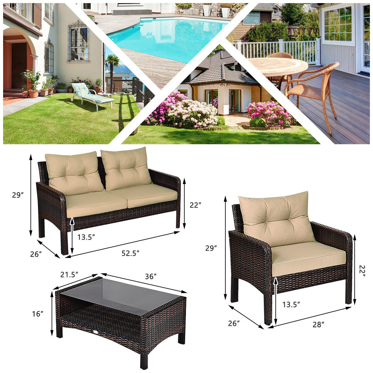 Patiojoy 4 PCS Outdoor Patio Rattan Furniture Garden Lawn Cushioned Sofa Set