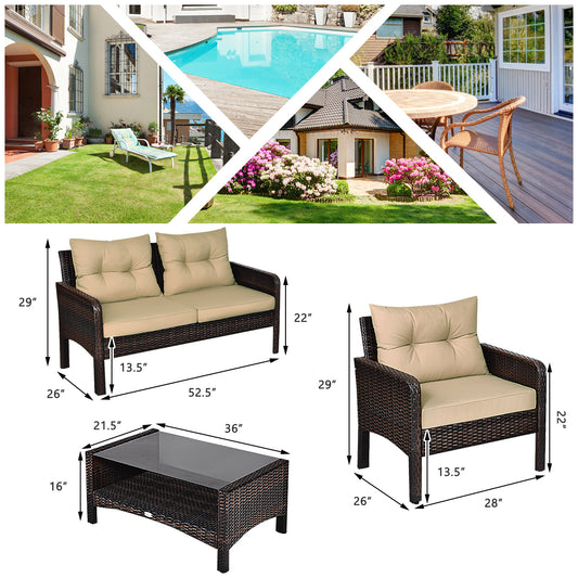 Patiojoy 4 PCS Outdoor Patio Rattan Furniture Garden Lawn Cushioned Sofa Set