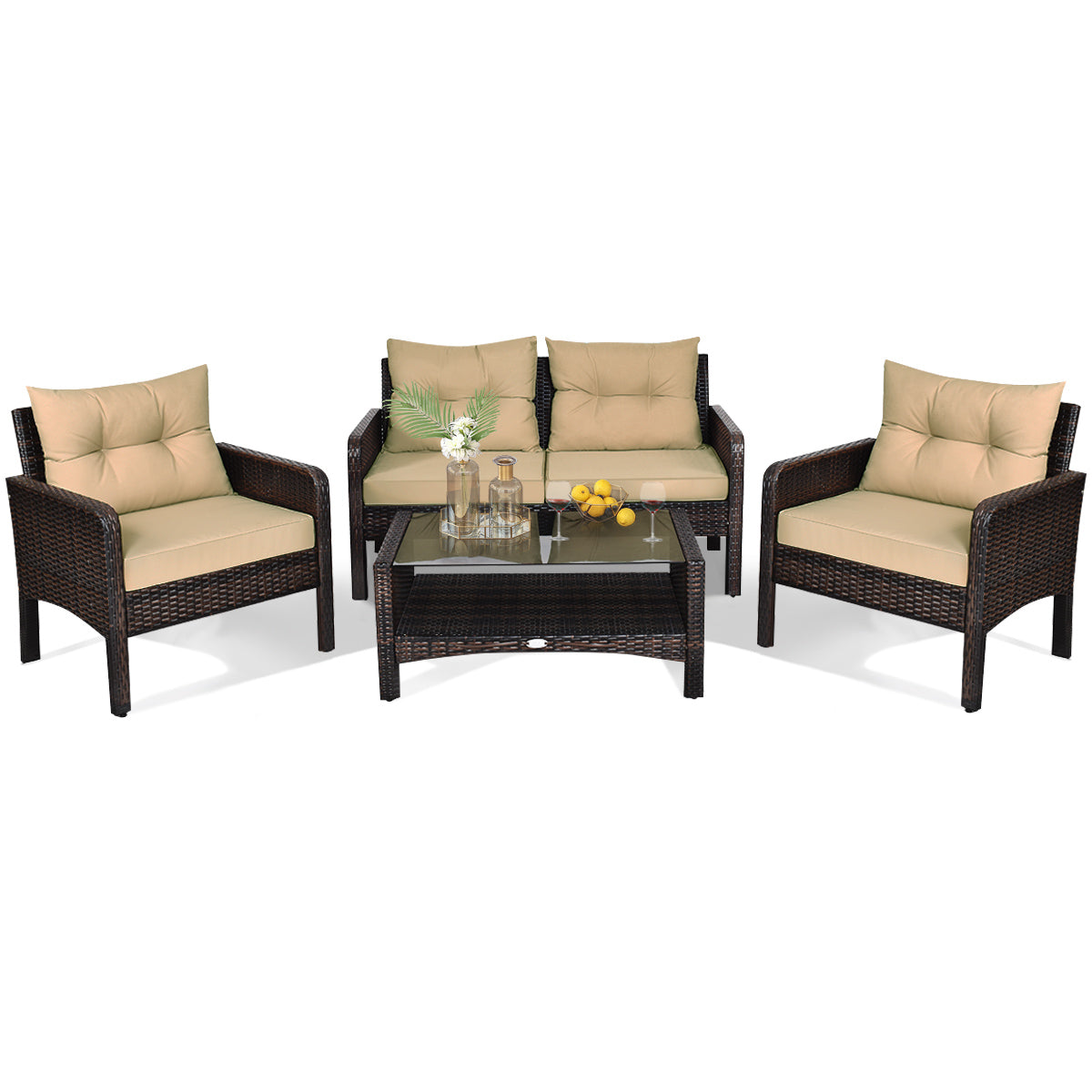 Patiojoy 4 PCS Outdoor Patio Rattan Furniture Garden Lawn Cushioned Sofa Set