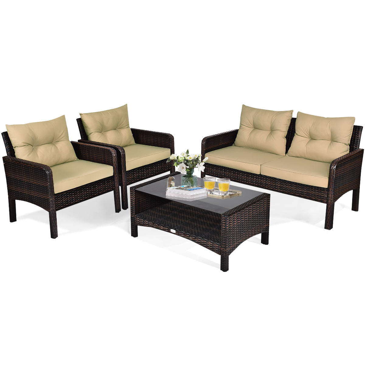 Patiojoy 4 PCS Outdoor Patio Rattan Furniture Garden Lawn Cushioned Sofa Set