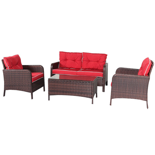 Patiojoy 4 PCS Outdoor Patio Rattan Furniture Garden Lawn Cushioned Sofa Red