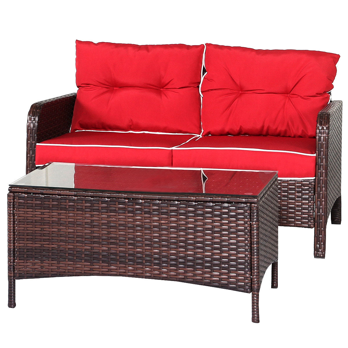 Patiojoy 4 PCS Outdoor Patio Rattan Furniture Garden Lawn Cushioned Sofa Red