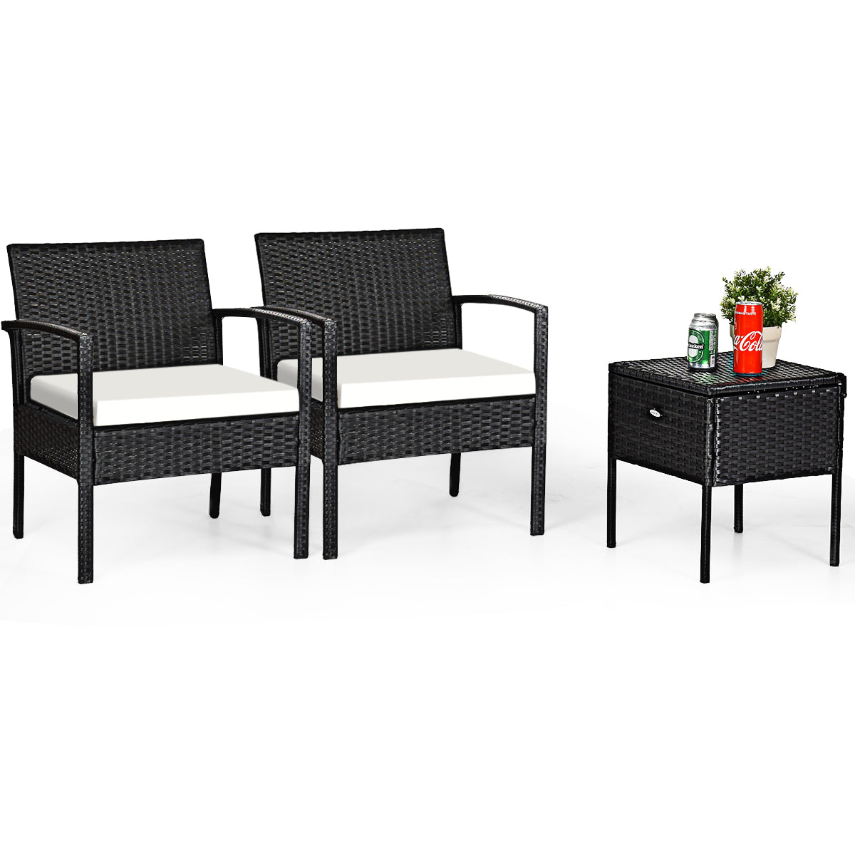 Patiojoy 3 PCS Outdoor Patio Rattan Conversation Set Garden Lawn Furniture