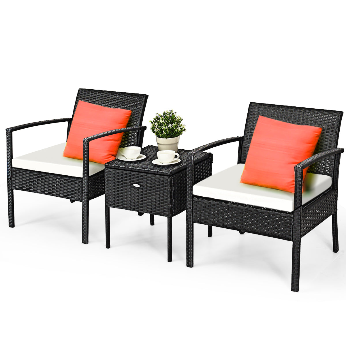 Patiojoy 3 PCS Outdoor Patio Rattan Conversation Set Garden Lawn Furniture