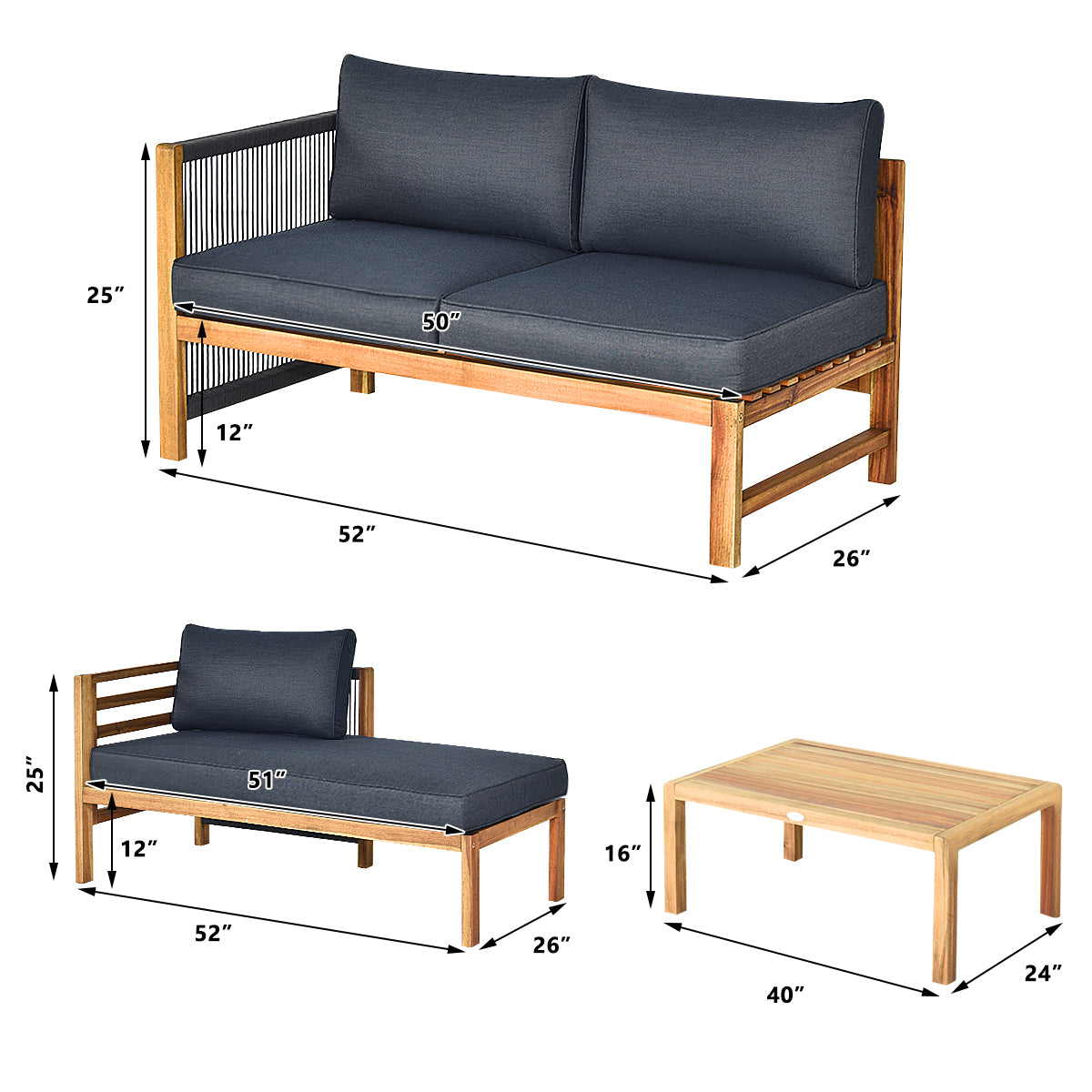 Patiojoy 3 Pieces Patio Wooden Conversation Set w/cushions Outdoor & Indoor