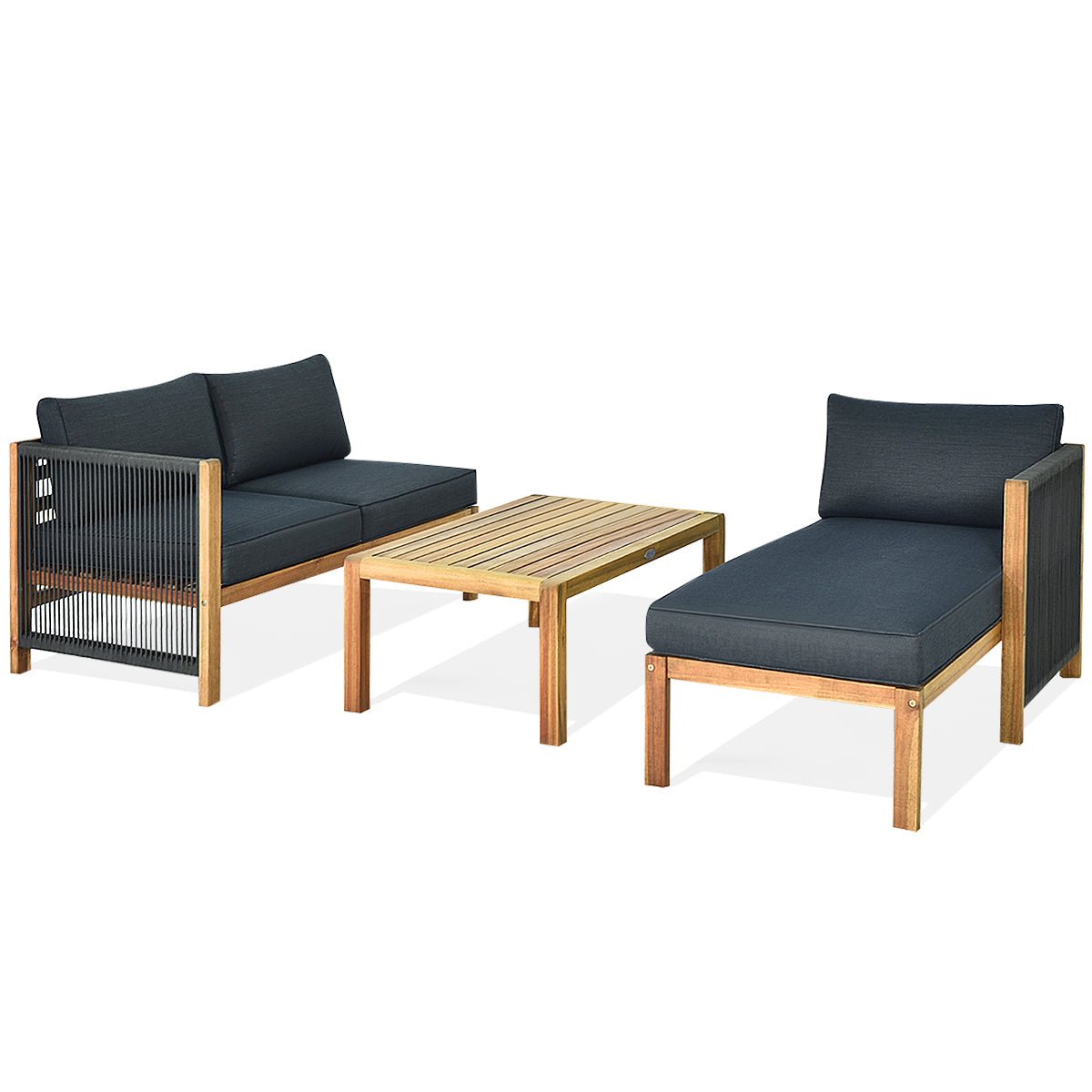 Patiojoy 3 Pieces Patio Wooden Conversation Set w/cushions Outdoor & Indoor