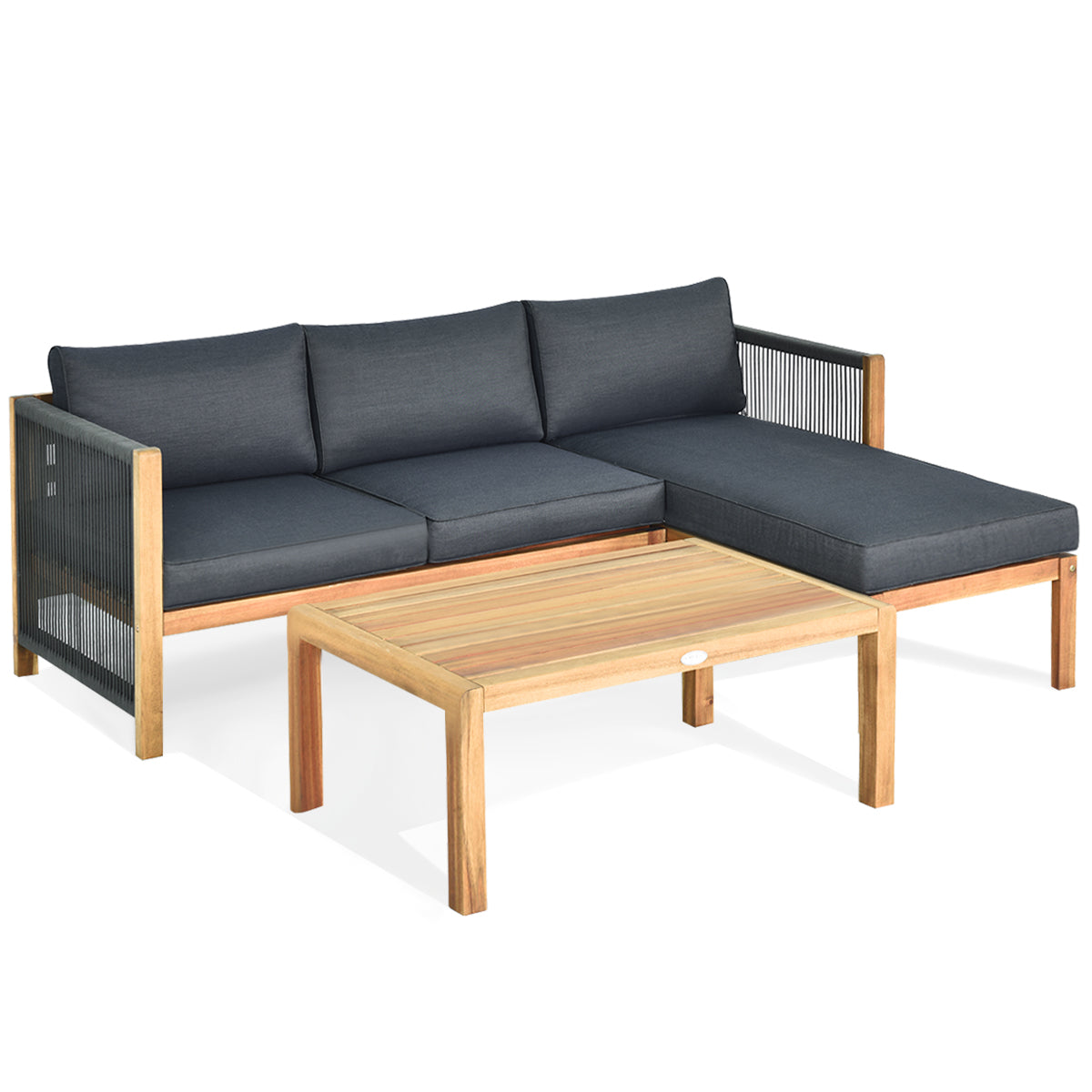 Patiojoy 3 Pieces Patio Wooden Conversation Set w/cushions Outdoor & Indoor