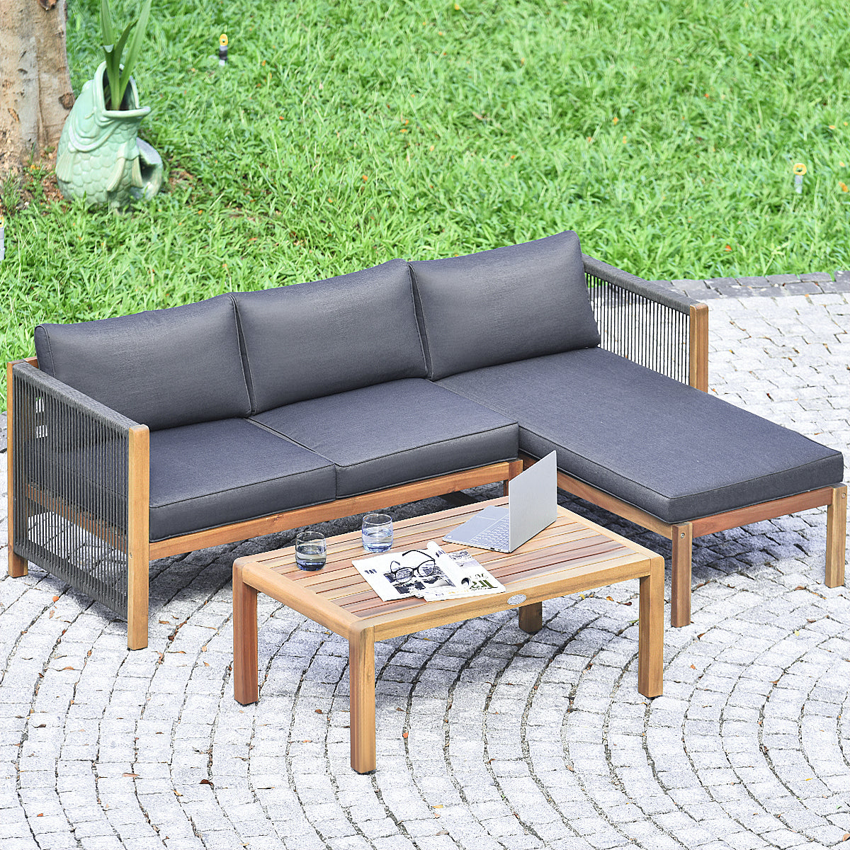 Patiojoy 3 Pieces Patio Wooden Conversation Set w/cushions Outdoor & Indoor